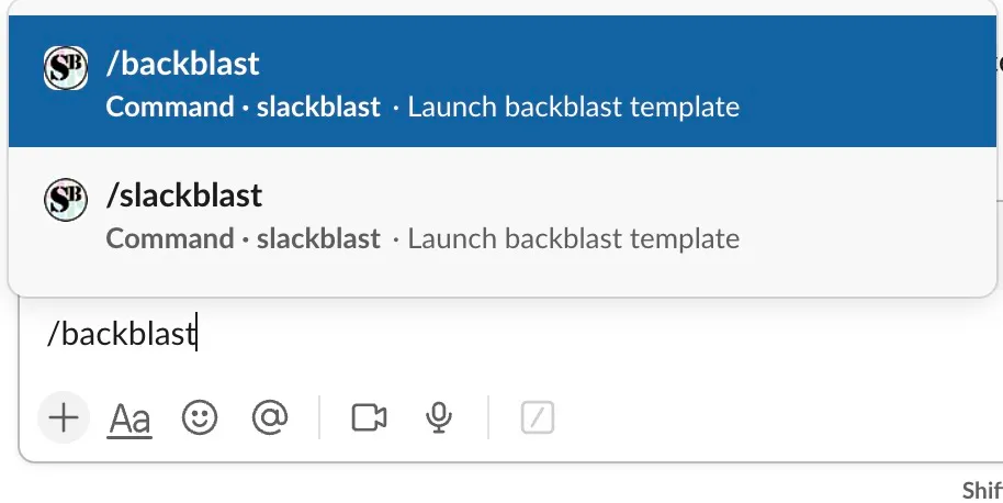 A screenshot of the backblast command in Slack